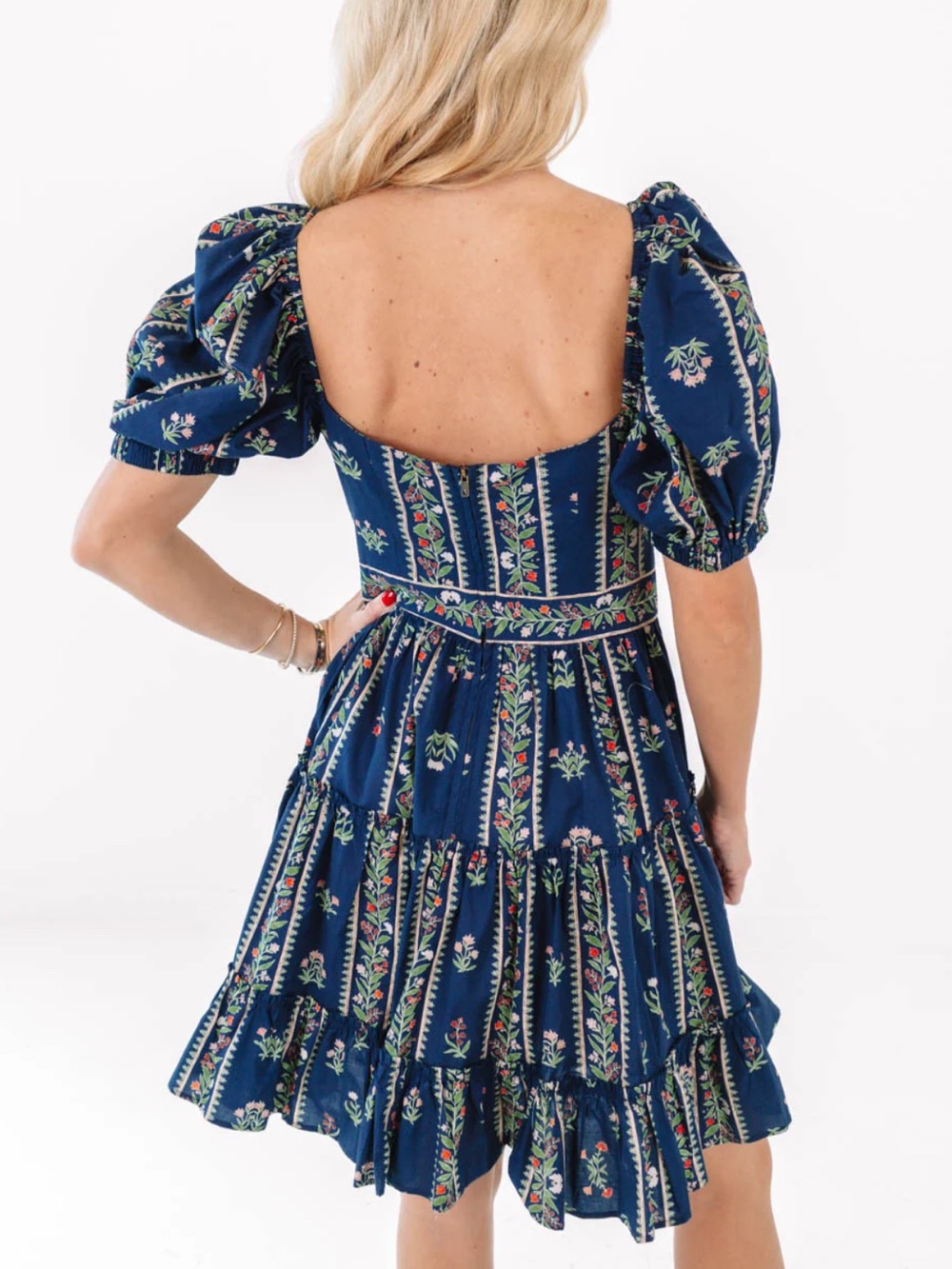 Pinch Boutique Navy Blue Floral Tiered Mini Dress Large NWT 100% Cotton Feminine - Picture 3 of 9